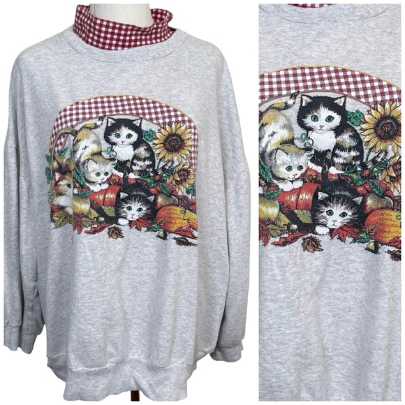 Basic Editions Tops - Vintage Basic Editions Cat Graphic Sweatshirt Womens 1X Grey Mock Neck Fall 90s